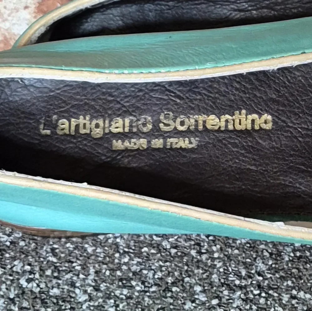 Italian Turquoise Leather Smoking Flats EU 37 Artisan Loafers Coastal Chic - Picture 11 of 13